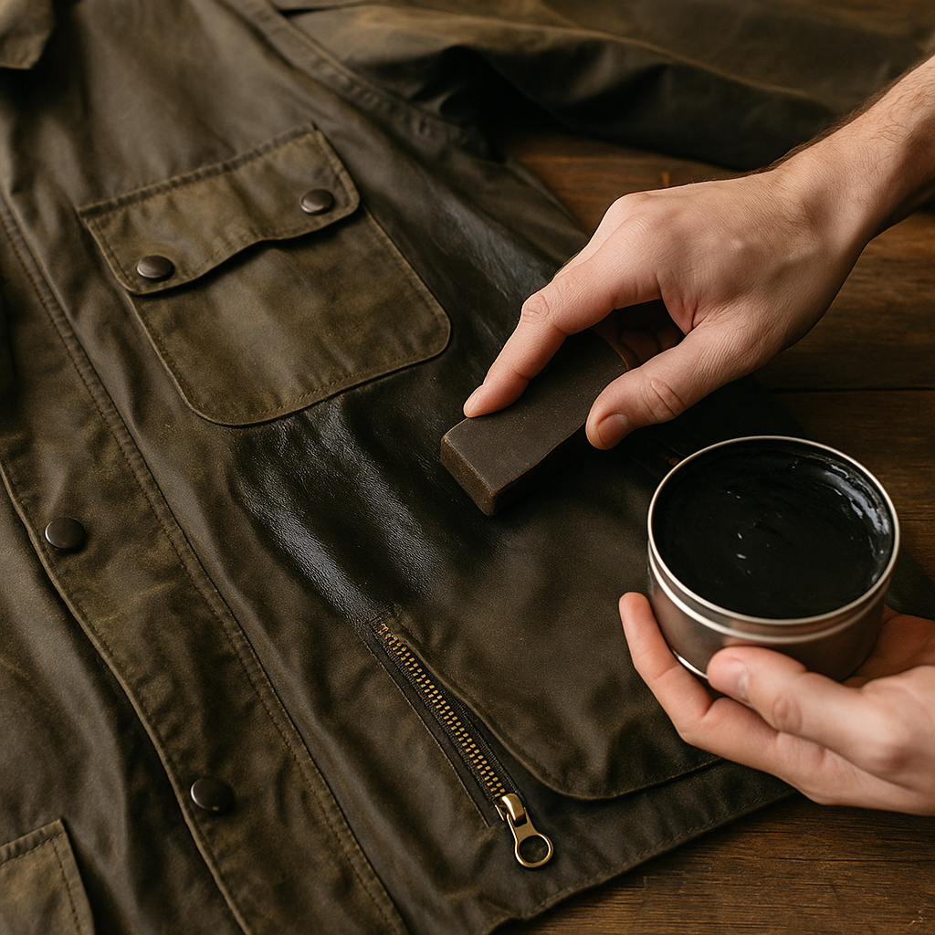 Aplicación de cera Barbour sobre chaqueta impermeable