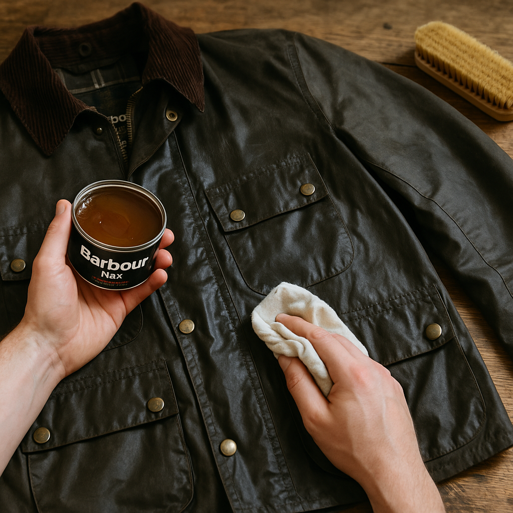 barbour encerado con cera barbour, prenda impermeabilizada y reluciente