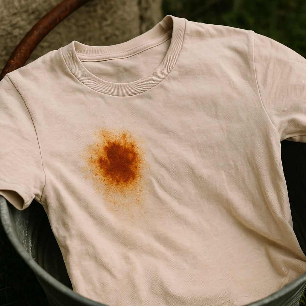 camisa blanca con manchas de óxido tras lavado en lavandería