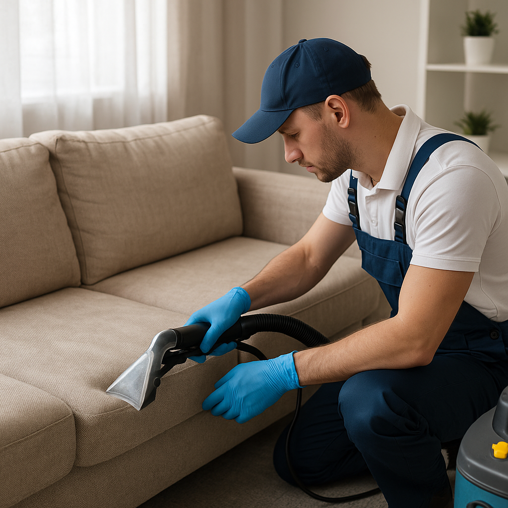 limpieza de tapicería a domicilio, sofá limpio y profesional trabajando en casa