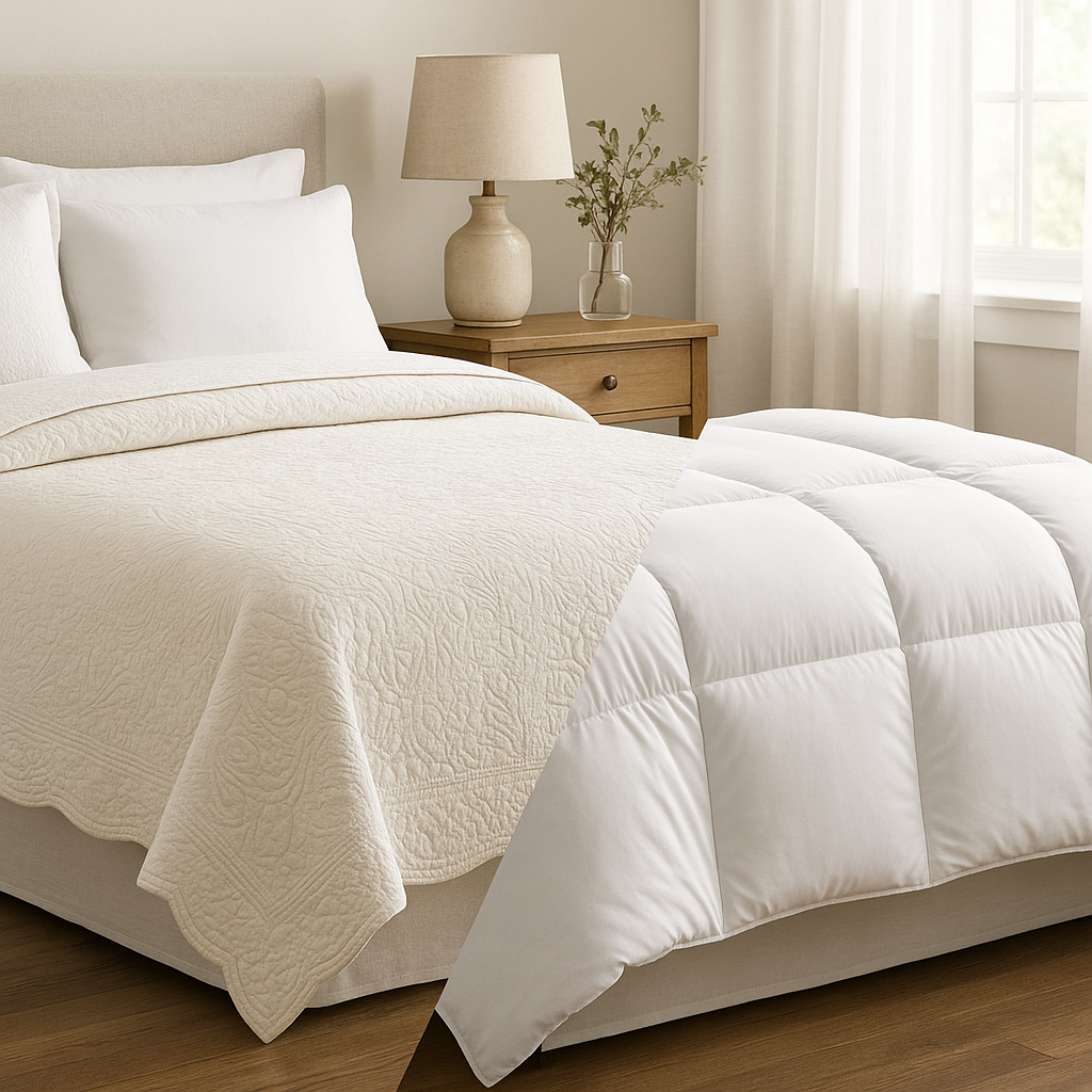 ejemplo de diferencia entre colchas y edredones en una habitación moderna