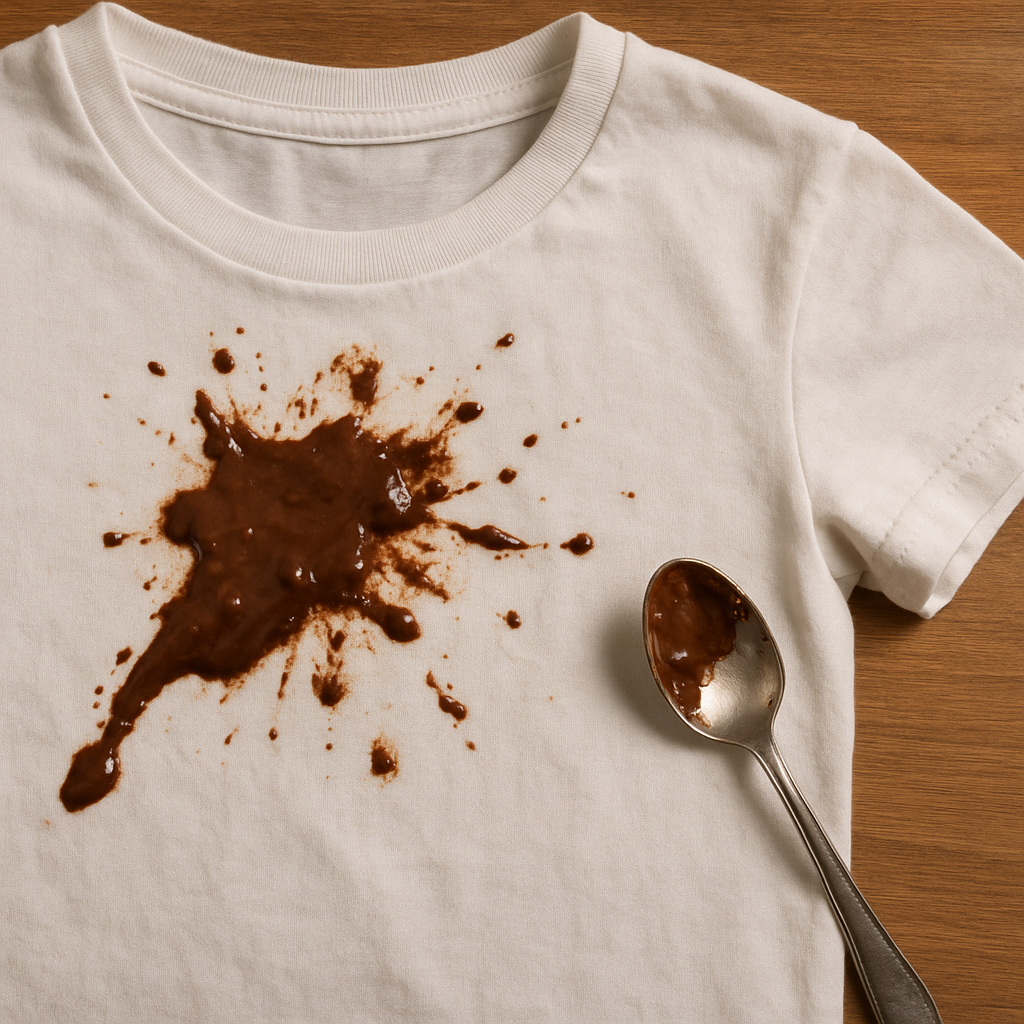 persona quitando manchas de chocolate resistentes de una sábana blanca, tintorería y lavandería de fondo