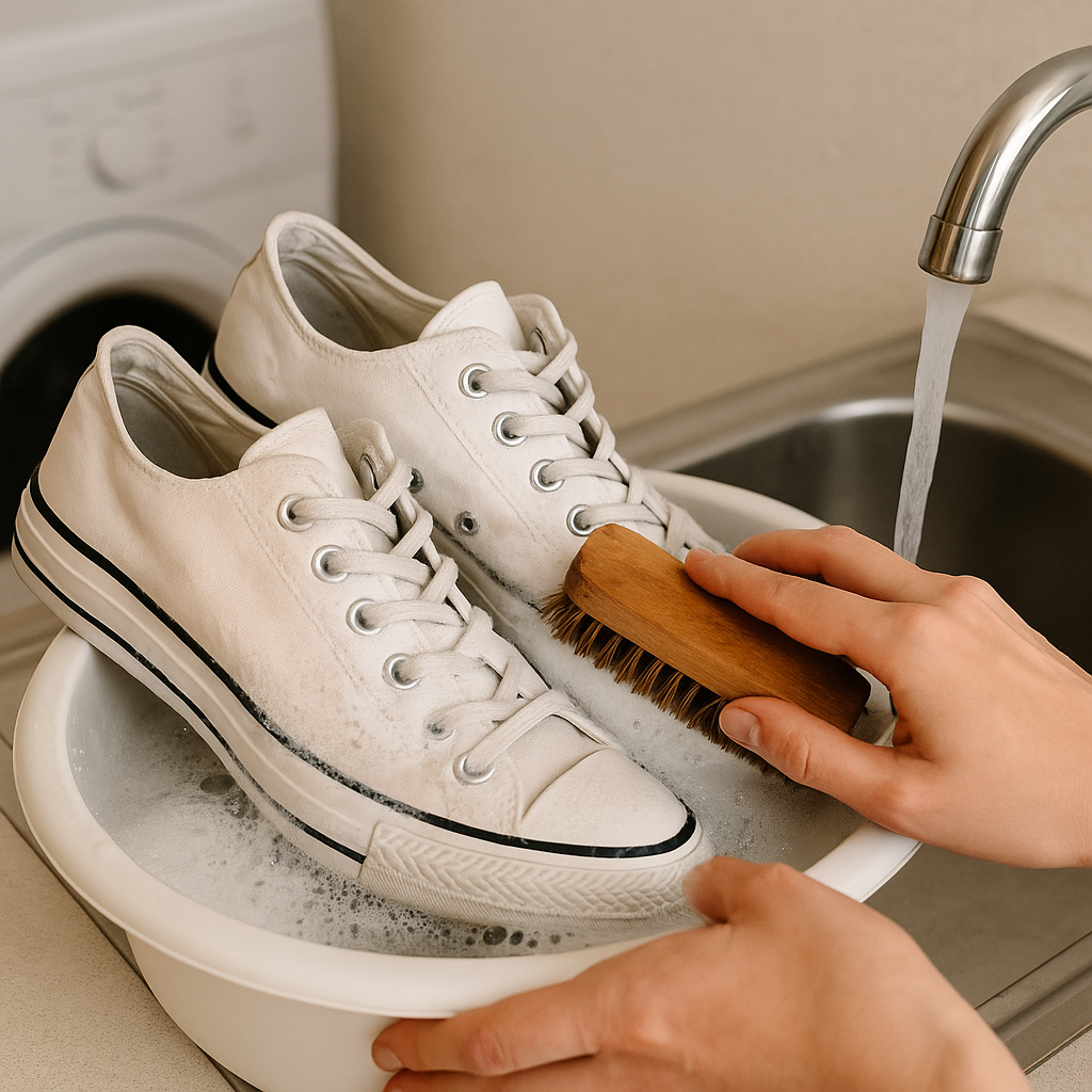 Persona realizando el lavado de zapatillas en lavandería profesional