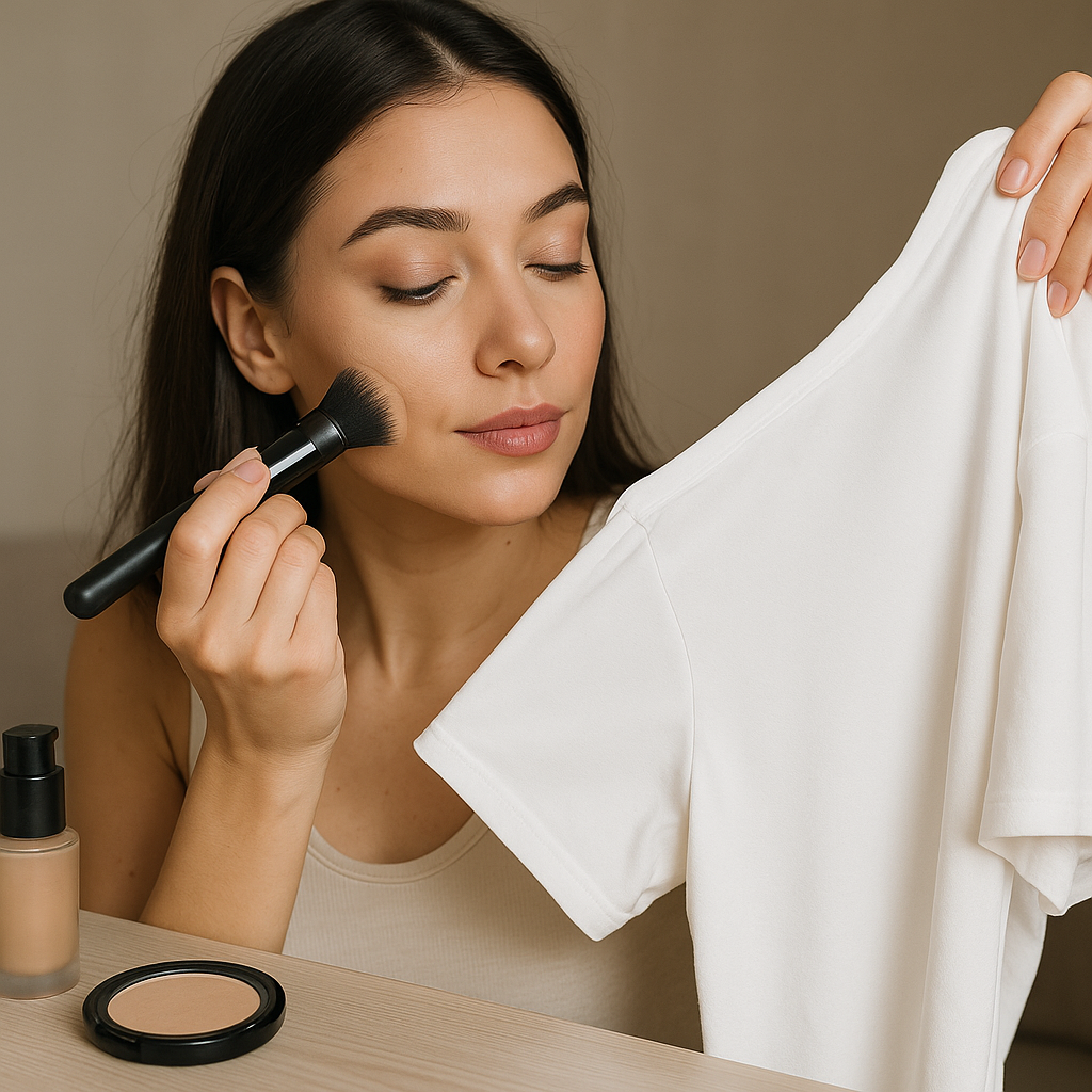 mujer aplicando maquillaje que no mancha la ropa