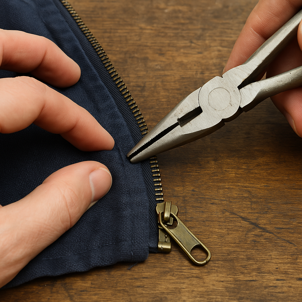 Manos reparando cremallera con herramientas en tintorería