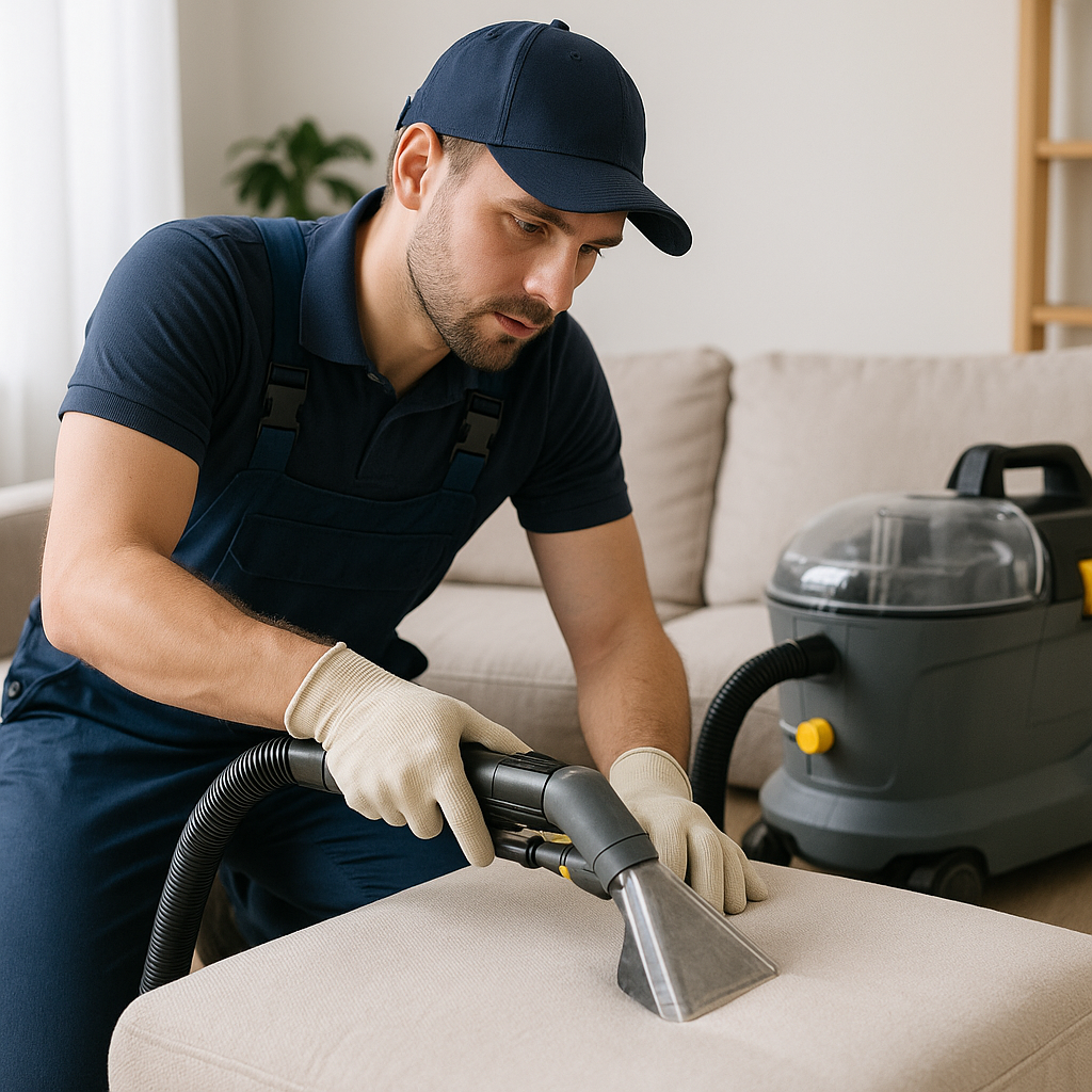 Especialista realizando limpieza de tapiceria a domicilio en un sofá