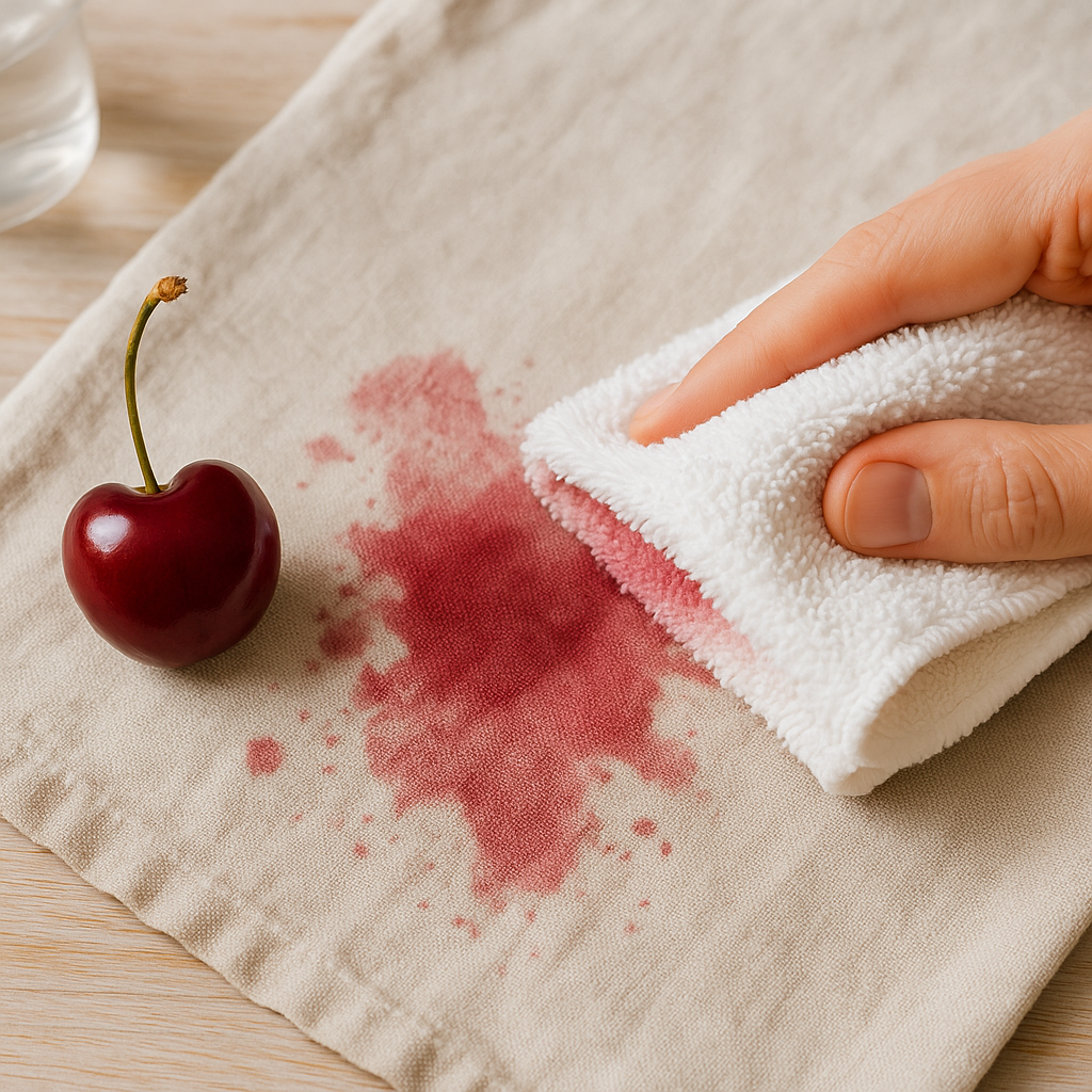 ropa con manchas de cereza y productos para quitarlas