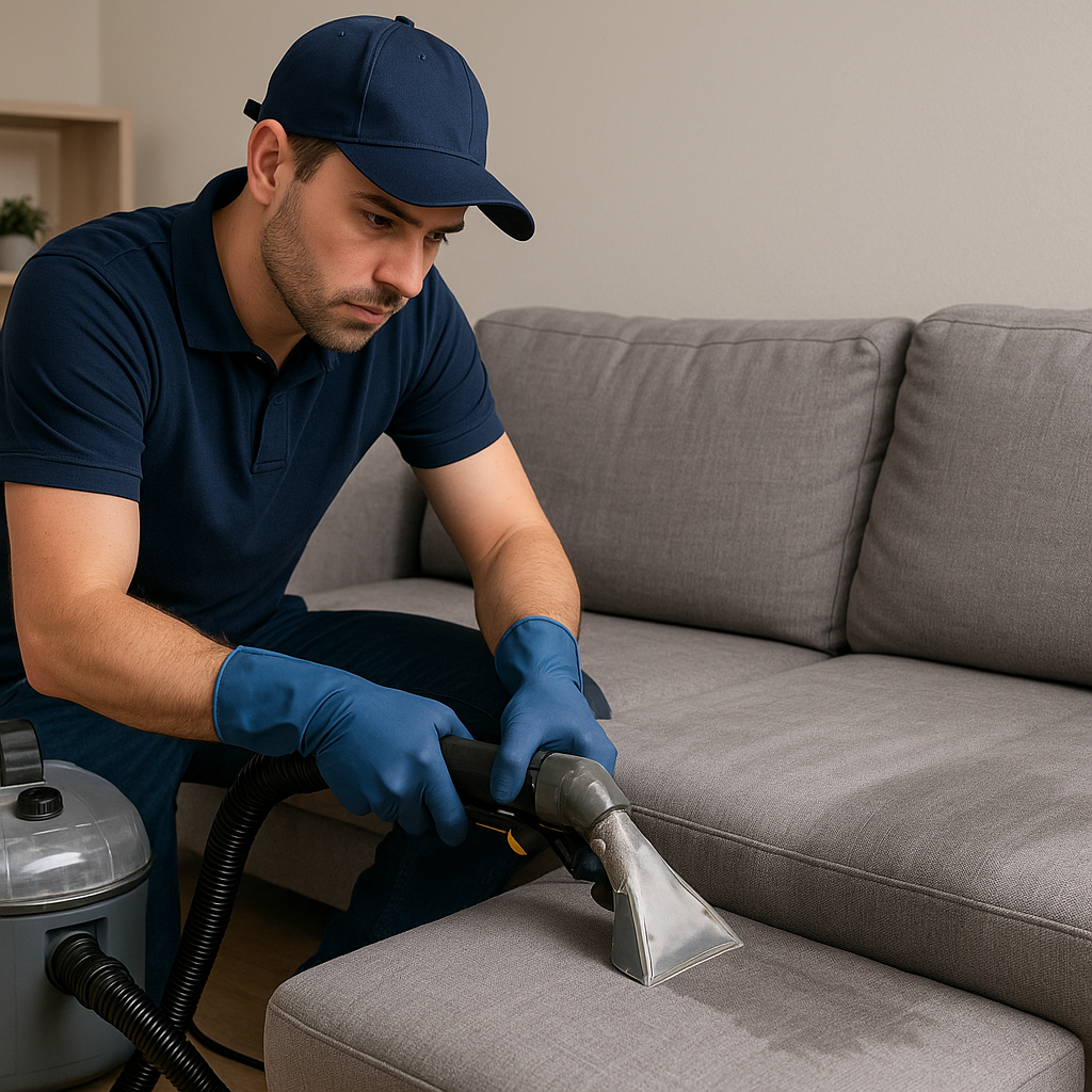 Limpieza de sofá a domicilio, especialistas realizando servicio de lavandería y tintorería