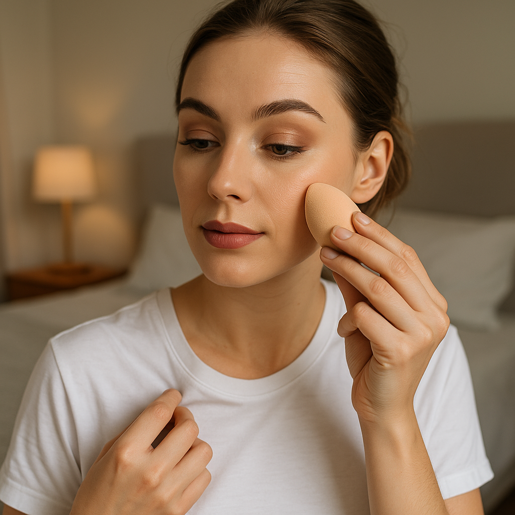 modelo usando maquillaje que no mancha la ropa