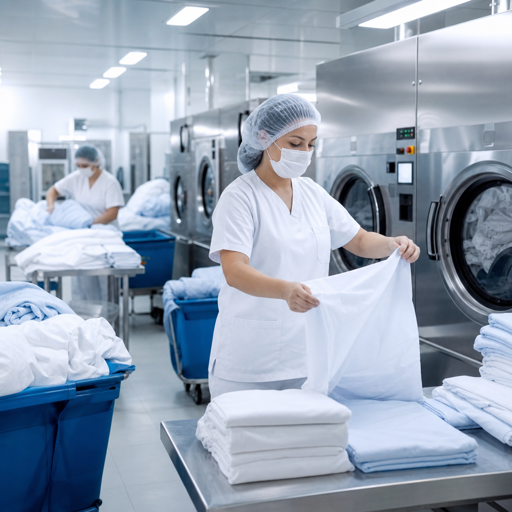 Servicio de lavandería hospitalaria con ropa sanitaria limpia y clasificada