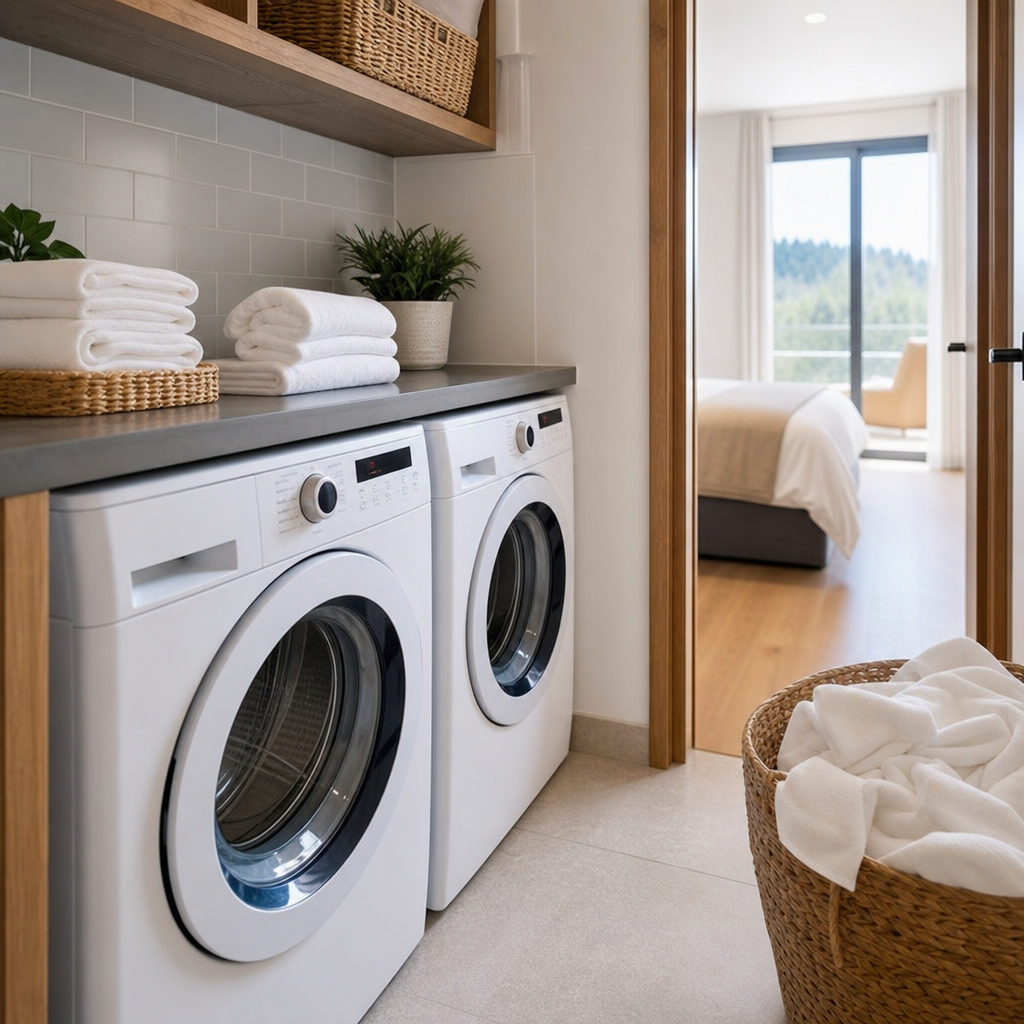 lavandería para apartamentos turísticos con sábanas y toallas listas para huéspedes