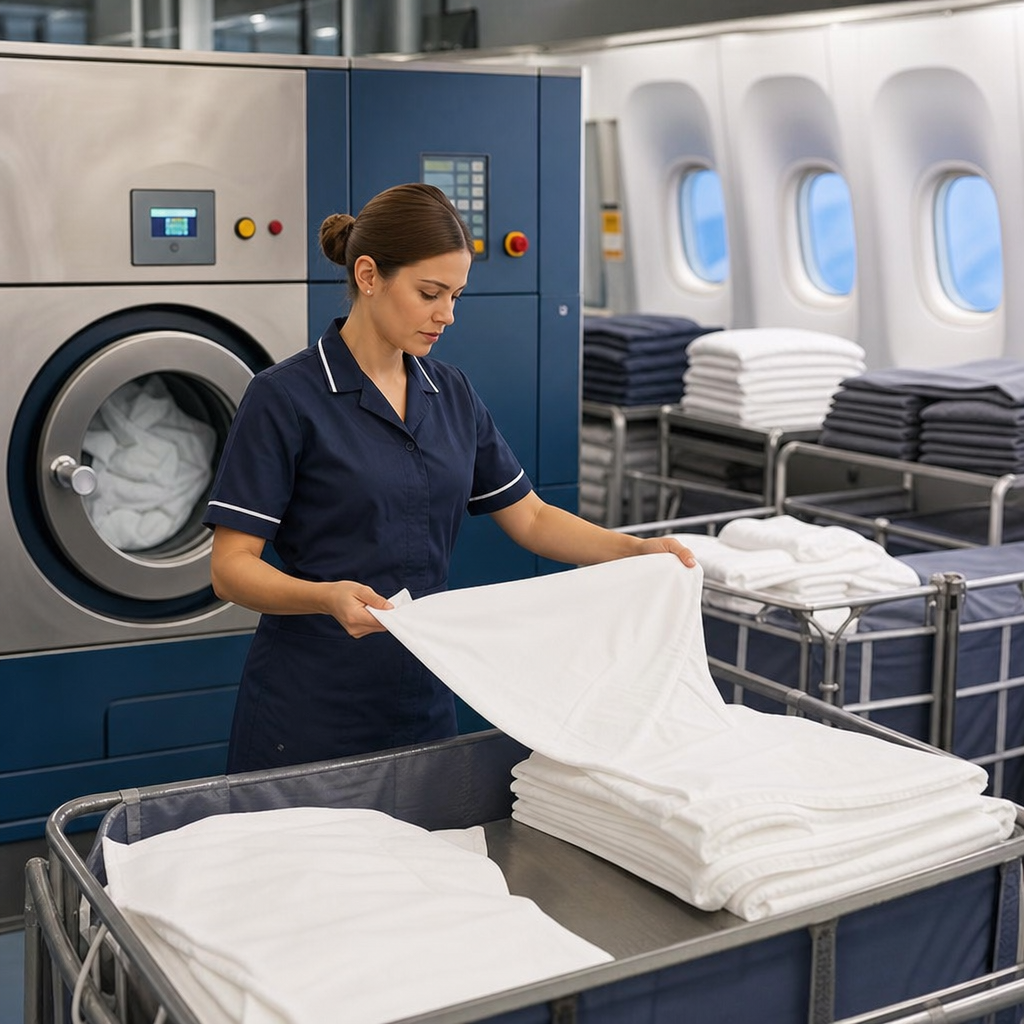 lavandería aerolíneas con textiles limpios y preparados para servicio a bordo