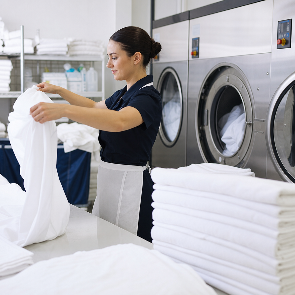 lavado de ropa de hotel con sábanas y toallas impecables