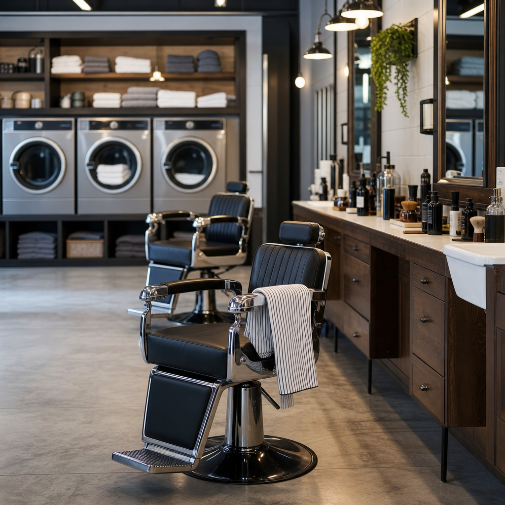 servicio de lavandería barberías con textiles limpios y planchados