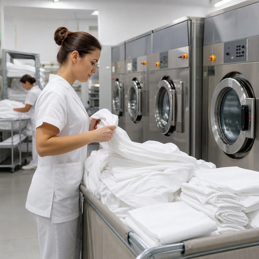 lavado de ropa de hotel con sábanas y toallas limpias
