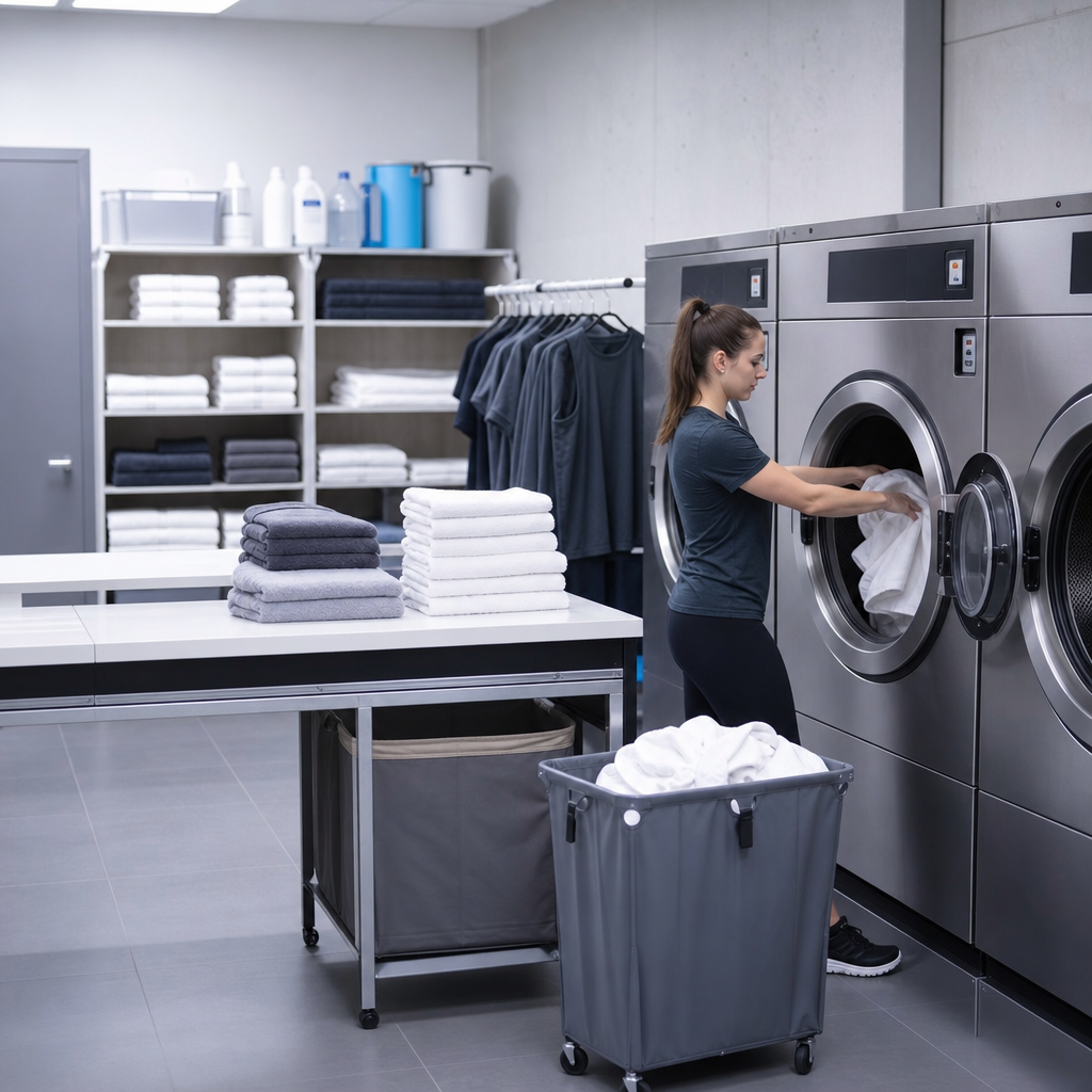 servicio de lavandería para gimnasios con textiles limpios y ordenados