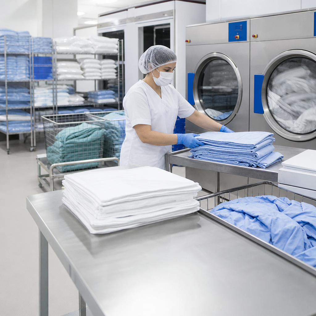 lavandería hospitalaria con procesos de lavado y desinfección de ropa sanitaria