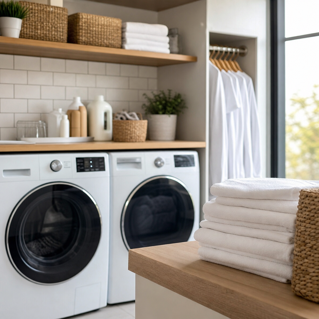 servicio de lavandería para Airbnb con ropa de cama blanca y toallas perfectamente dobladas